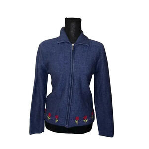 Blue Full Zip Wool Sweater with Flower Embroidery Women’s Petite Large